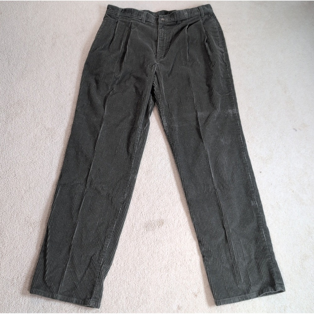 LL Bean Mens Pleated Corduroy Pants Dark Olive Green 38x34 S419 Cotton Blend